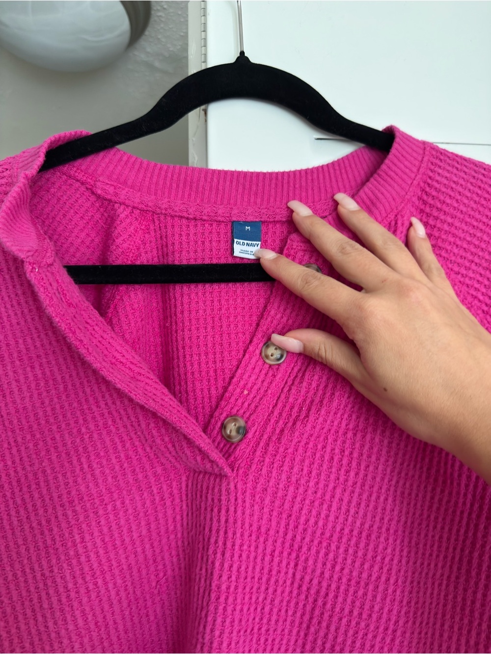 Old Navy Women's Bright Pink Waffle-Knit Henley Sweater